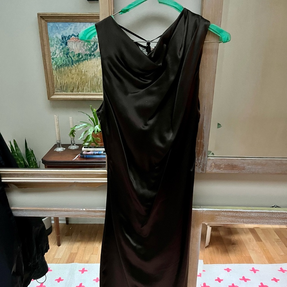 Poleci Brown with Black Lace and Zipper Back Cocktail Dress